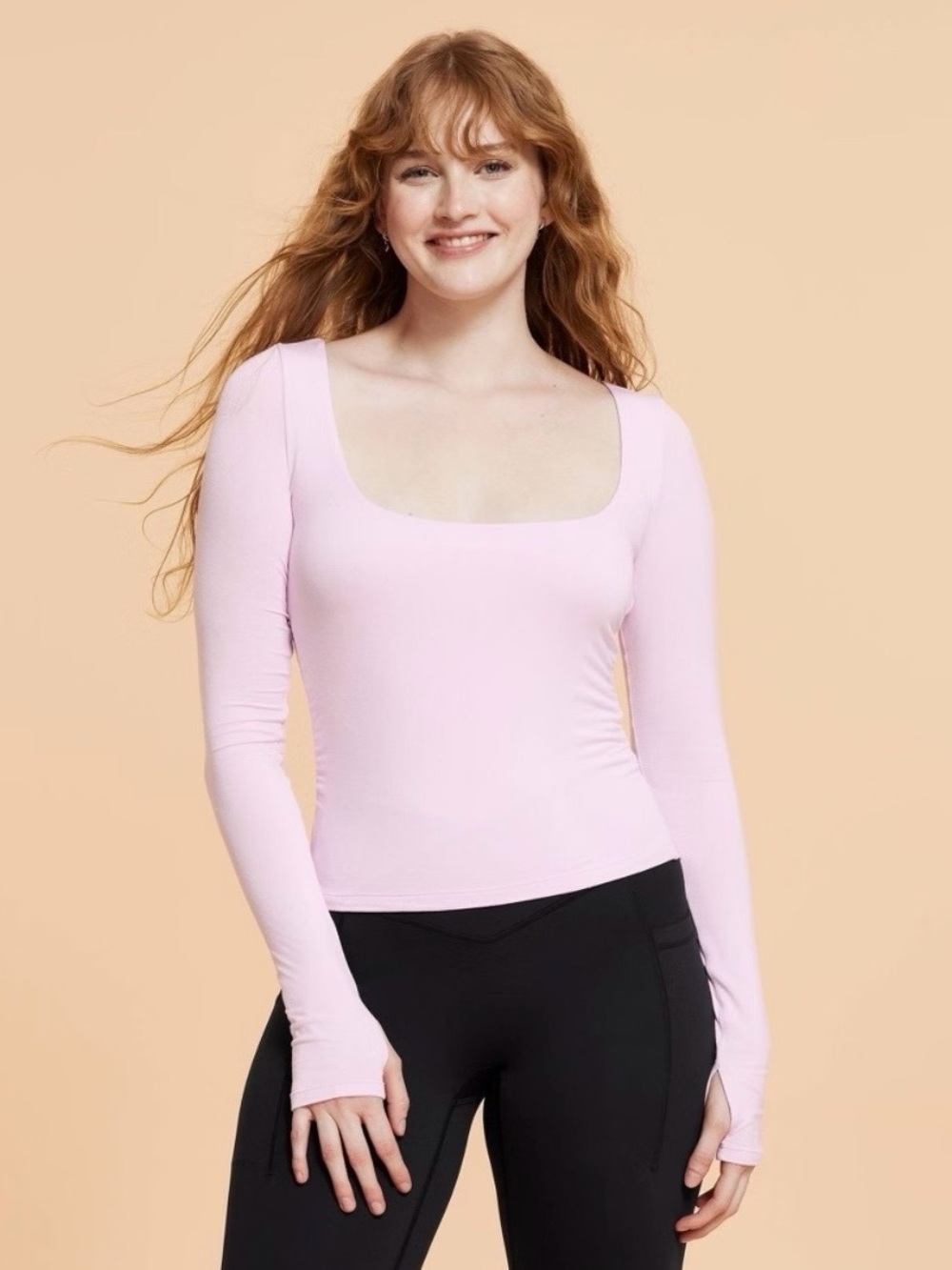 Blogilates Love Story Long-Sleeve Square Neck Top in Light Pink - Size XL, EUC